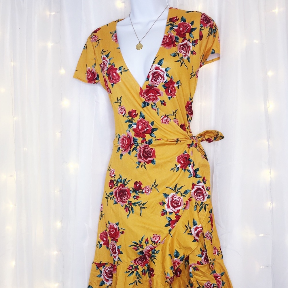 Marigold yellow wrap dress floral